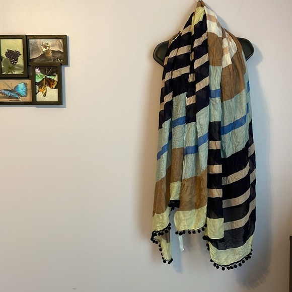 Ann Taylor Rayon Striped Multicolor Pom Pom End Scarf or Coverup Wrap OS - Picture 1 of 16